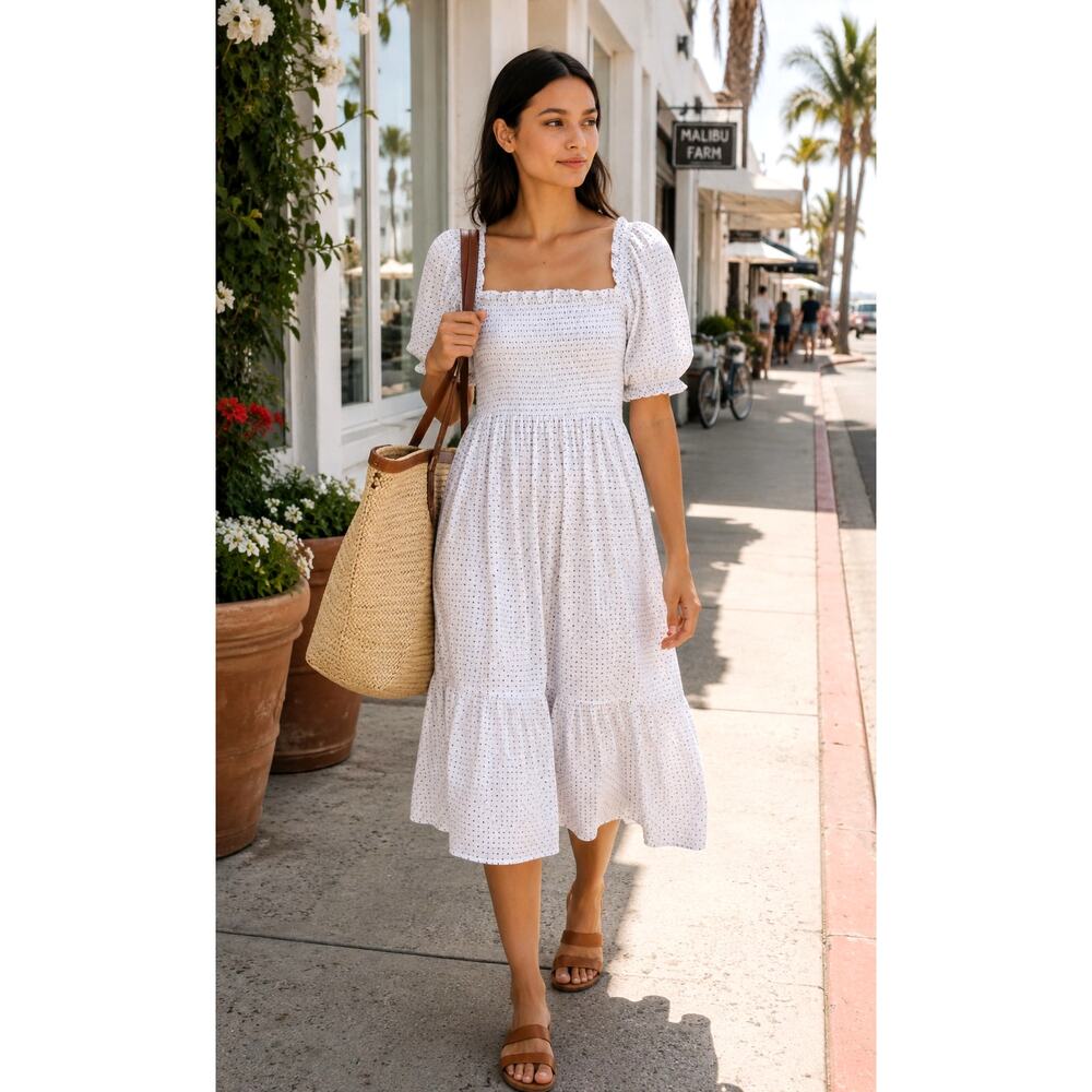 Hill House XXS The Nesli Nap Dress $178 Paisley Print Puff Sleeves Midi Smocked